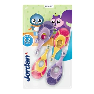 Image of Jordan* ® Step 1 Baby Toothbrush 0 2 Years, Soft Bristles, BPA Free Pink &amp; Purple 4 Pack