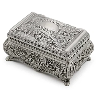 Image of AVESON Rectangle Antique Metal Jewelry Box Trinket Storage Organizer Gift Chest Ring Case with Floral Engraved for Girls Ladies Women, Medium