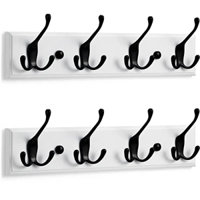Image of LARHN White Coat Hooks Wall Mounted Rack (2 Pack) 4 Triple Black &amp; for 42 cm All Fixings Included Quick Easy Installation
