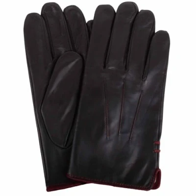Image of SNUGRUGS Mens Genuine Leather Gloves with Classic Three Point Stitch and Contrast Piping Trim Black/Burgundy Large