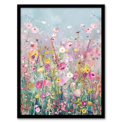 Image of Artery8 Delicate Wildflower Field Floral Painting Living Room Art Print Framed Poster Wall Decor 12x16 inch