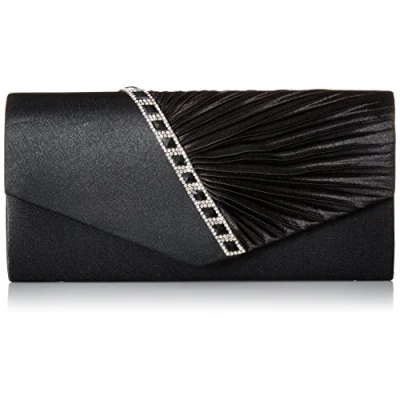Image of Damara Womens Pleated Crystal Studded Satin Handbag Evening Clutch,Black
