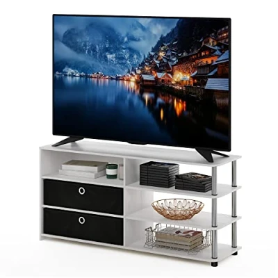 Image of Furinno JAYA Simple Design TV Stand for up to 55 Inch with Bins, White Oak, Stainless Steel Tubes