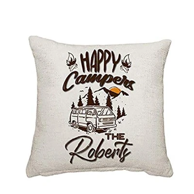 Image of Getagift Personalised Happy Campers themed Funny Cushion Cover, Throw Pillow Cover. (Linen Cover)