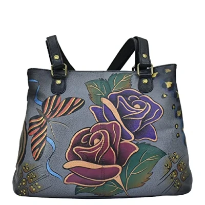 Image of Anna by Anuschka Women Hand Painted Leather Shoulder Satchel Rose Safari Grey, One Size