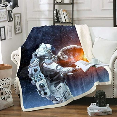 Image of Astronaut Fleece Throw Blanket Galaxy Outer Space Sherpa for Kids Boys Teens Universe Starry Sky Plush Cosmonaut Spaceman Fuzzy Sofa Bed Couch,Single 50x60 Inch