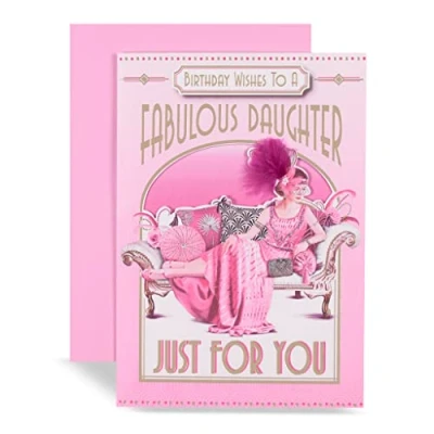 Image of Art Deco Lady Daughter Glittered Birthday Card with Feather Detail