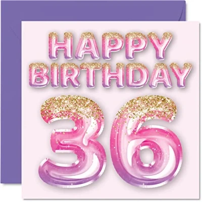 Image of 36th Birthday Card for Women Pink &amp; Purple Glitter Balloons Happy Cards 36 Year Old Woman Friend Sister Mum Auntie, 145mm x Thirty Six Sixth Bday Greeting Gift