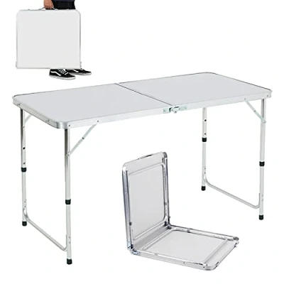 Image of Folding Table 4ft Lightweight Extra Strength Aluminum Frame Camping 3 Adjustable Heights with Carry Handle Buffet Wedding Market Garden Party Boot Stall Picnic Trestle Indoor Outdoor Foldaway