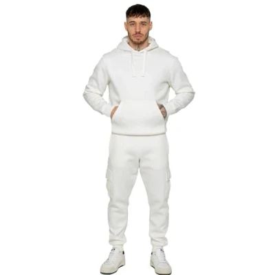 Image of 989Zé ENZO Mens Tracksuit Hooded Fleece Sweatshirt Overhead Hoodie Pullover Casual Cargo Combat Joggers Sweatpants Set (UK, Alpha, XL, Regular, Off White)