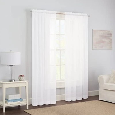 Image of Pairs to Go Victoria Voile Modern Sheer Rod Pocket Window Curtains for Living Room (2 Panels), 59 x 84 in, White