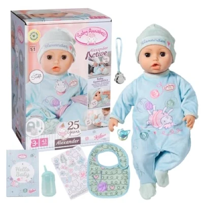 Image of Baby Annabell Active Alexander 709924 43cm Doll with Soft Cuddly Body &amp; Realistic Features Sounds Clothing Accessories Require 3 AAA Batteries (Not Included) For Kids From 3+ Years