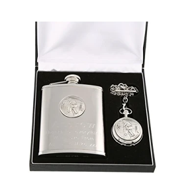 Image of Engraved Son Christmas Pewter Cricket Feature Mother of Pearl Pocket Watch and Hip Flask Gift Set