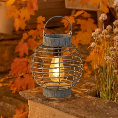 Image of Garden Mile® LED Rattan Solar Lantern Outdoor Lighting Patio Tabletop Light Decor Hanging Free Standing Decorative Lamp (Terra Slate)