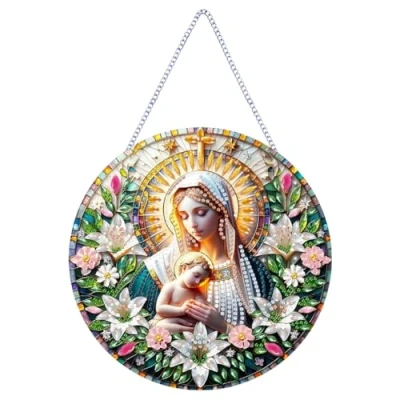 Image of Fiorky Holy Mother/Jesus Diamond Art Hanging Pendant Single Side 5D DIY Painting Dots Handmade Rhinestone Window Pendants for Home Wall Decor