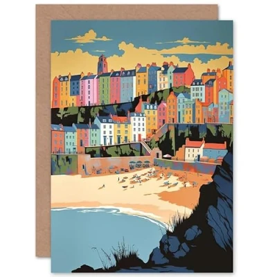 Image of Artery8 Tenby Castle Beach Coastal Town in Wales Linocut Travel Birthday Sealed Greeting Card Plus Envelope Blank inside