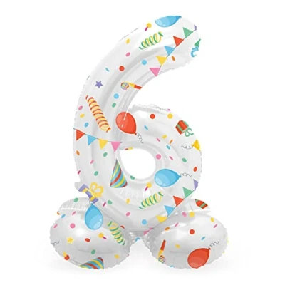 Image of Folat 63966 Birthday Balloon Standing Number 6 Joyful Party White with Gifts and Decoration 72 cm No Helium Required Colourful