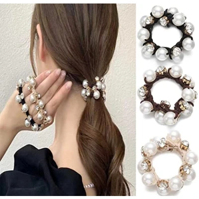 Image of Pearl Hair Ties 3PCS Elastic Scrunchies Rhinestones Ropes Crystal Bands Ponytail Holders for Women and Girls