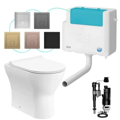 Image of Rimless Back to Wall Dual Flush Toilet &amp; Bottom Entry Concealed Cistern Set with Square Plate Ceramic Insulated Technology Quiet (Brushed Brass)