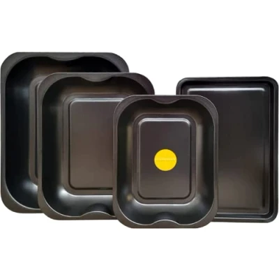 Image of 4 Pack Black Roasting and Baking Tray Set Large Roaster (38cm), Medium (33cm), Small (28cm) &amp; (32cm) Tray/Pan, Non Stick, Multi Dishwasher Safe