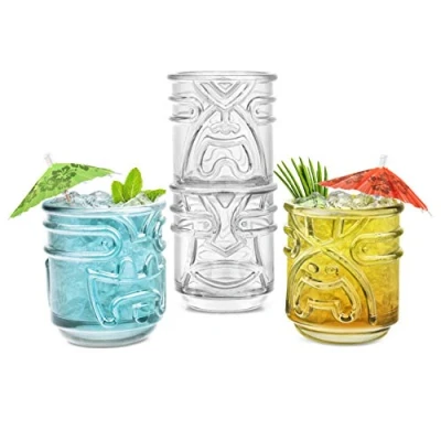 Image of Final Touch TIKI Stackable TUMBLERS Drinking Glasses CLEAR 355ml Hawaiian Themed Pack of 4 TK5303