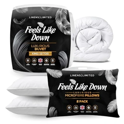 Image of Linens Limited King Size Duvet 12 Tog and Soft Pillows 2 Pack, Made in the UK, Hotel Quality, Feels Like Down, Luxurious Warm Bounce Back Pillows, Machine Washable (White)
