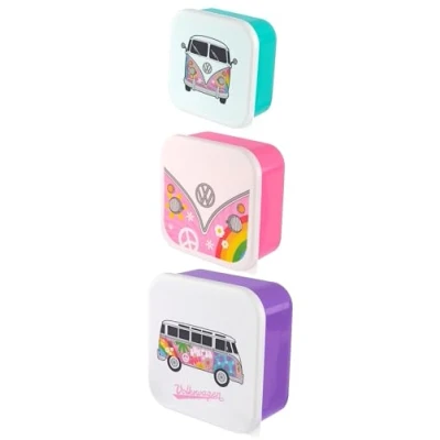 Image of Puckator Summer Love Volkswagen VW T1 Camper Van Reusable Lidded Snack Pot Lunch Box Set of 3, BPA Free PVC, Work School Travel Home, Medium 4.5x10x10cm Large 5.5x11.5x11.5cm Xlarge 6x13.5x13.5cm