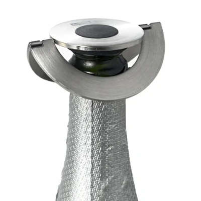 Image of AdHoc FV20 CHAMP Champagne Stopper Stainless Steel/Silicone Bottle Stopper, Ultra flat, Leak Proof (H) 17 mm x (D) 80 Silver/Black Includes Gift Box