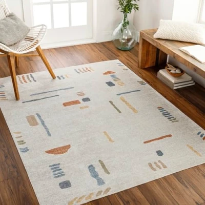 Image of Livabliss Brasilia Machine Washable Rug Modern Area Rugs Living Room, Large 160x213 cm Traditional Boho Style, Dining Kitchen, Outdoor, Hallway Cream, Blue and Terracotta