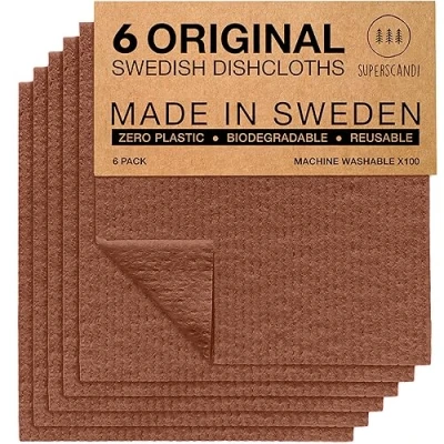 Image of SUPERSCANDI Swedish Dishcloths for Kitchen Brown 6 Pack Reusable Compostable Cloth Made in Sweden Cellulose Sponge Dish Cloths Washing Dishes Paper Towels Washable