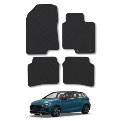 Image of Rubber Car Mats Compatible with Hyundai I20 (2020 ) Tailored Fit Floor Set Accessory Black Custom 4 Pieces Clips Anti Slip Backing, Heavy Duty &amp; Waterproof