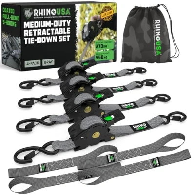 Image of Rhino USA Retractable Ratchet Tie Down Straps (4PK) 540kg Guaranteed Max Break Strength, Includes (4) Ultimate 2.5 cm x 3 m Autoretract Downs with Padded Handles Grey