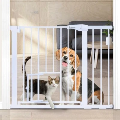 Image of Dog Gate Extra Wide Tall Durable Pet Easy Walk Thru Fence with Door for Stairs Doorways House, Fits Openings 29.5&quot; 40.5&quot;, Pressure Mounted, White
