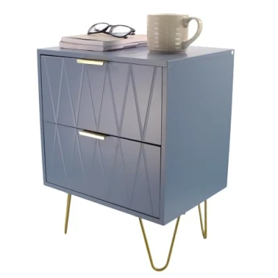 Image of Modern Grey 2 Drawer Bedside Table with Gold Legs Wood Nightstand Storage Drawers Bedroom Furniture