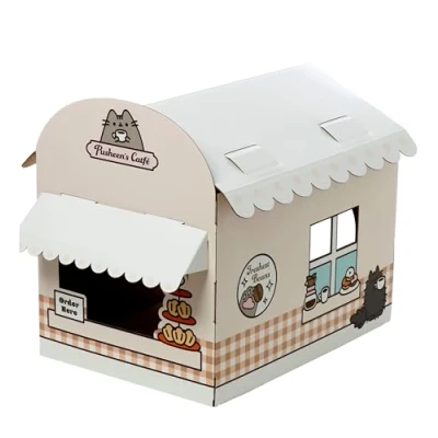 Image of Puckator Pusheen the Cat Catfé Shaped Playhouse Build it Yourself Cardboard Den Tree Tower Scratch Post Cats Play Shelter House Kitten Beds For Indoor Accessories Bed Cave Kennel