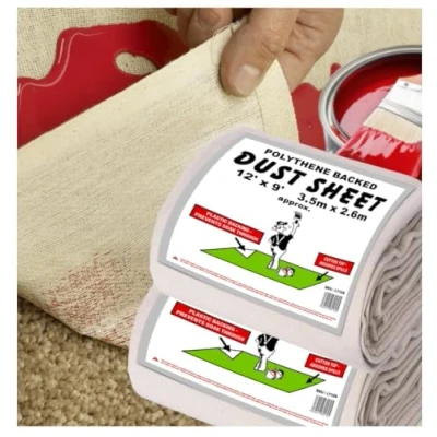 Image of Cotton Dust Sheets for Decorating **Pack of 2** Waterproof 12ft x 9ft Twill Backed with Plastic Sheet Polythene Sheeting Absorbs Spills Painting, Furniture, DIY, Floor, Stair Case
