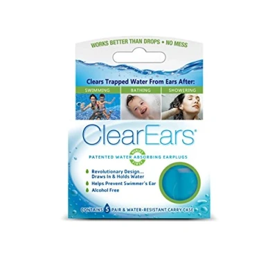 Image of Clear Ears Water Absorbing Earplugs 5 Pairs, for Swimming, Bathing or Showering, Carry Case, Adults Kids.