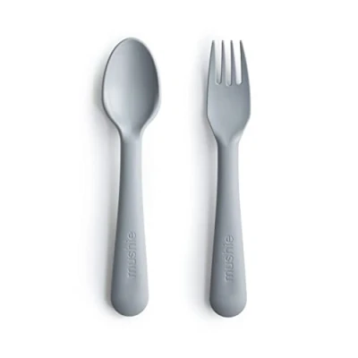 Image of Mushie Fork and Spoon Set for Kids Flatware Cutlery 1x of Dinnerware Pieces Reuseable Dishwasher Microwave Safe Easy Baby or Child to Hold Made in Denmark (Cloud)