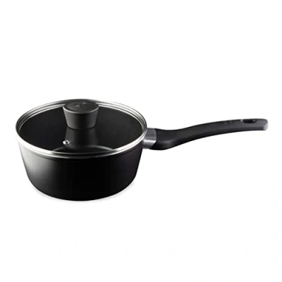Image of Masterchef Non Stick Saucepan for Induction Hobs 18cm Sauce Pot with Lid all Cooking Surfaces Swiss Engineered Aluminium Pan Scratch Resistant, Nonstick Coating, Aluminum, Black