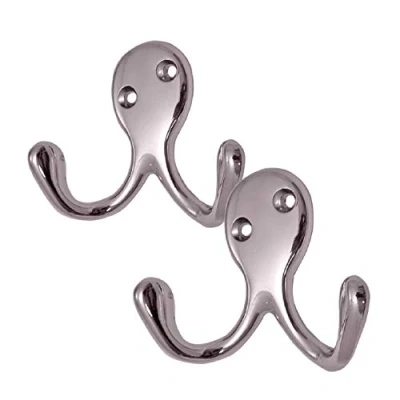 Image of 2 x Polished Chrome Double Coat Hooks, Door &amp; Wall Robe Dress Garment Hangers