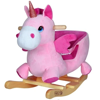 Image of Spielwerk® Rocking Animal Plush Swing for Children Kids &amp; Babies Toy Chair With Musical Sounds Balance Training Seat Belt Soft and Cute Boys Girls Pink Unicorn