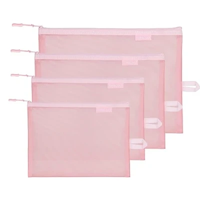 Image of SUPACOOL Set of 4 Mesh Makeup Bags Cosmetic Bag Travel Organizer Pouch with Zipper Diaper Toiletries Pouches for Women and Men(Pink)