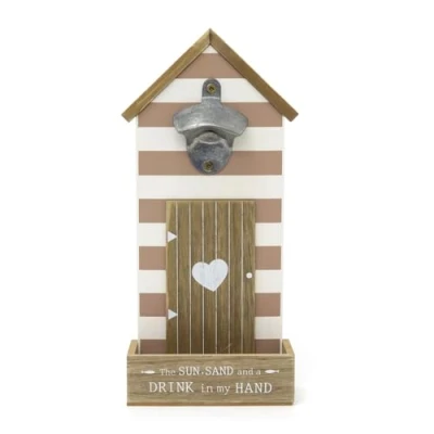 Image of Seashore Beach House Bottle Opener Wooden Hut Wall Mounted With Cap Catcher Nautical Home Bar Drinks Accessory