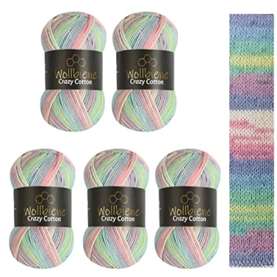 Image of 5 x 100 g Wollbiene Crazy Cotton Batik, 500 with Colour Gradient, 55% Cotton, Multicoloured Knitting Wool, Crochet All Year Wool (2010 Green, Pink, White, Pastel)