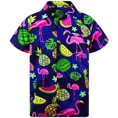 Image of King Kameha Hawaiian Shirt Men Fruit Designs Regular Short Sleeve, Flamingo Melon, Blue, 4XL