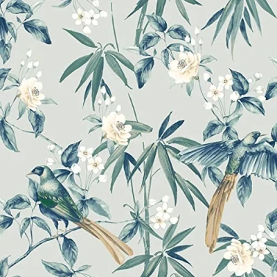 Image of SOPHIE LAURENCE Floral Wallpaper Birds Grey Blue Green Oriental Thick Solid Designer Heavy Duty Textured Paste The Paper