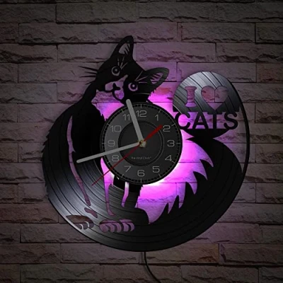Image of Smotly Vinyl wall clock, cute cat themed clock with LED night light function is a gift for pet lovers. (With light)