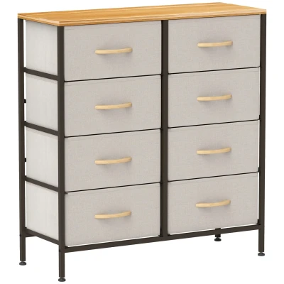 Image of HOMCOM Fabric Chest of Drawers, Storage Industrial Bedroom Dresser with 8 Steel Frame and Wooden Top for Nursery, Living Room, Hallway, Cream White