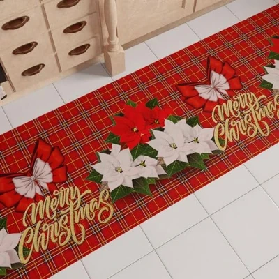 Image of PETTI Artigiani Italiani Christmas Kitchen Rug Runner Non Slip and Washable 52x340 cm Floral Design 100% Made in Italy