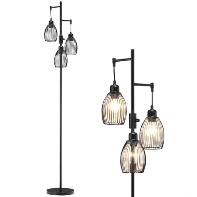 Image of HOMCOM 170cm Industrial 3 Light Floor Lamp, Dimmable Standing Lamp with Steel Lampshades for Living Room, Bedroom, Dinging Study, Black
